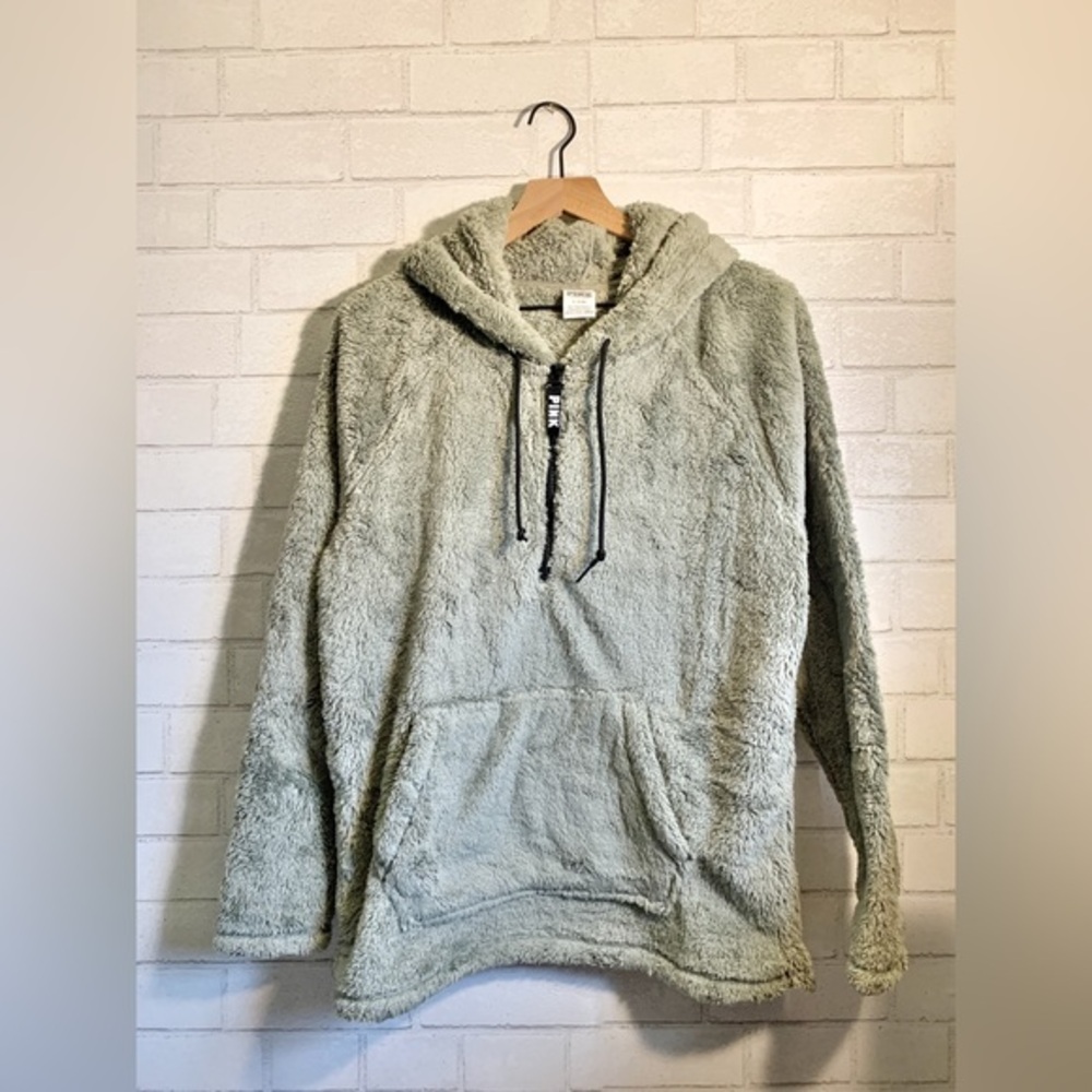 PINK Victoria's Secret New Sage Green Oversized Teddy Hoodie Soft Zip Jacket